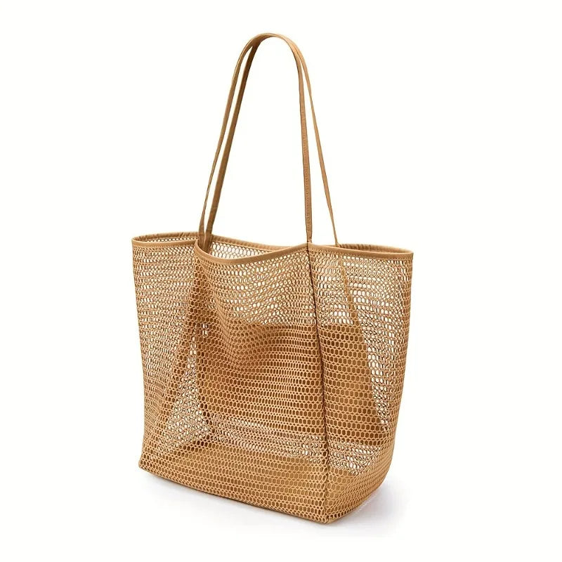 Women's Large Capacity Beach Tote Bag - Durable Polyester Woven Shoulder Bag with Open Top for Travel, Shopping Oasis Select light brown