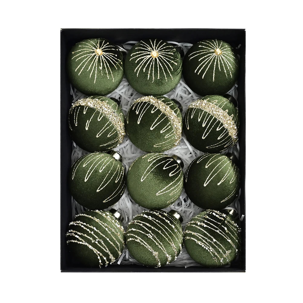 12-pcs 8cm Flocked Velvet Christmas Tree Ornaments Set Fit For Elegant Holiday Decor Christmas Charms Home Decor Xmas Hanging Oasis Select Olive Green China Mainland