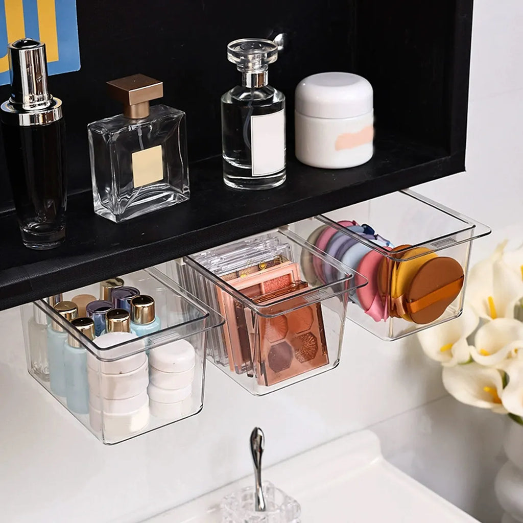 1pc Transparent cosmetics storage box, hidden drawer in bathroom, can store makeup pads, lipstick, cotton swabs Oasis Select