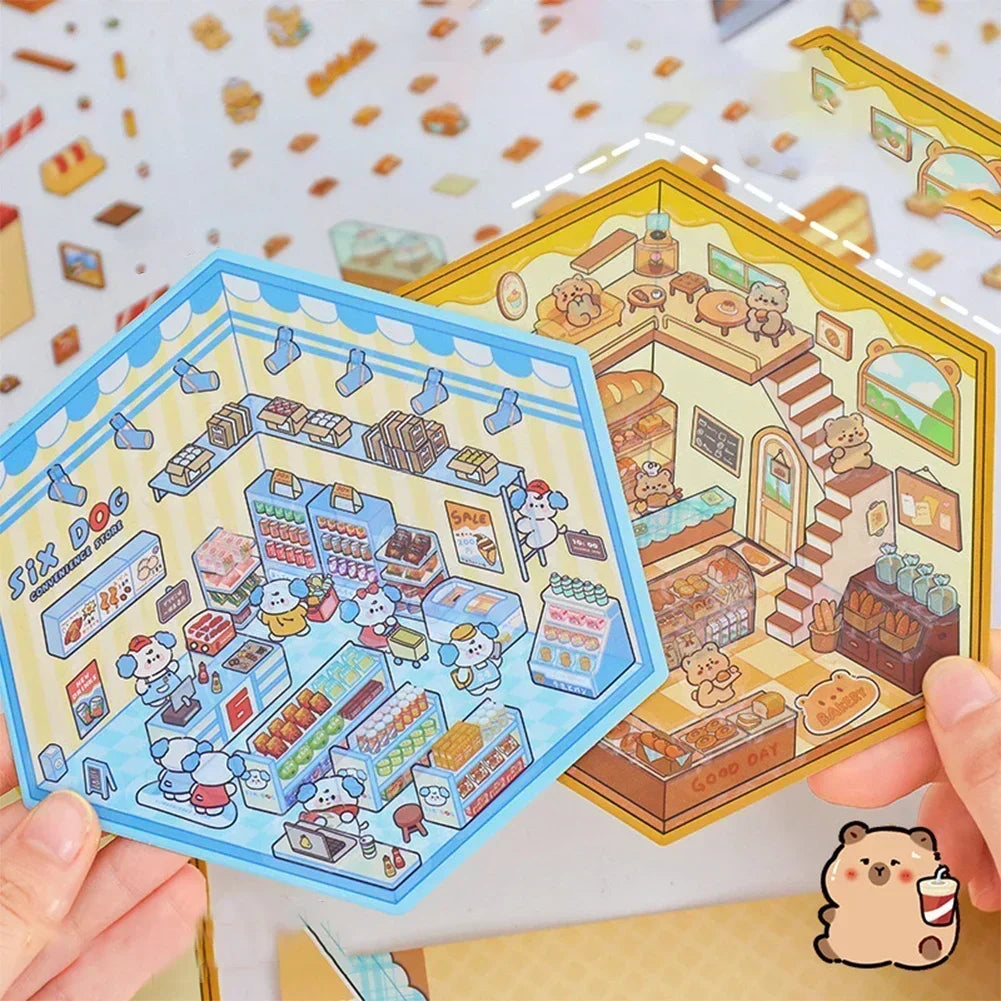 3D Cartoon Cabin DIY Scene Stacking Stickers – Reusable Set