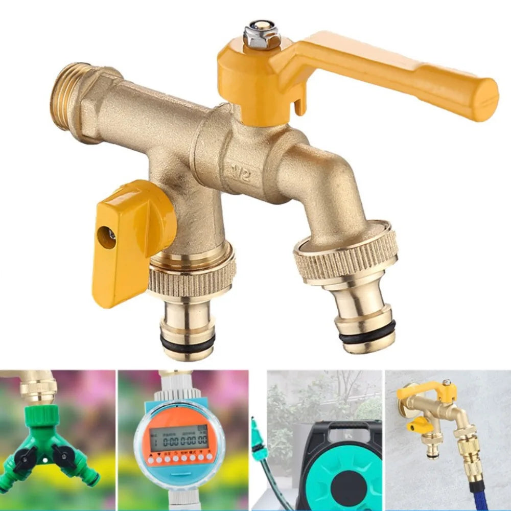 2-Way Garden Hose Faucet Adapter | Wall-Mount Brass Tap Splitter Garden Hose Splitter Oasis Select Style-A