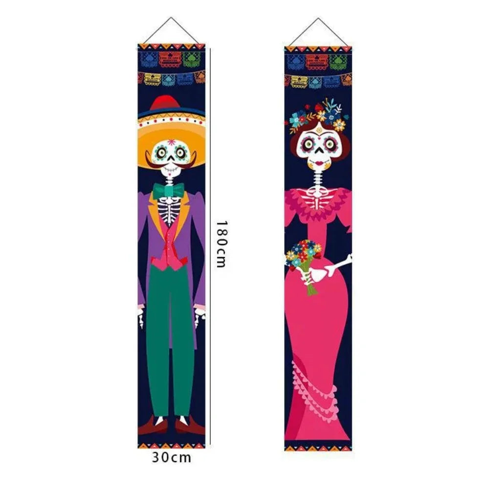 1.3m Mexico Day of the Dead Porch Sign Halloween Party Outdoor Decor Skeleton Ghost Couple Bride Groom Patio Door Hanging Flag Oasis Select a 180x30cm