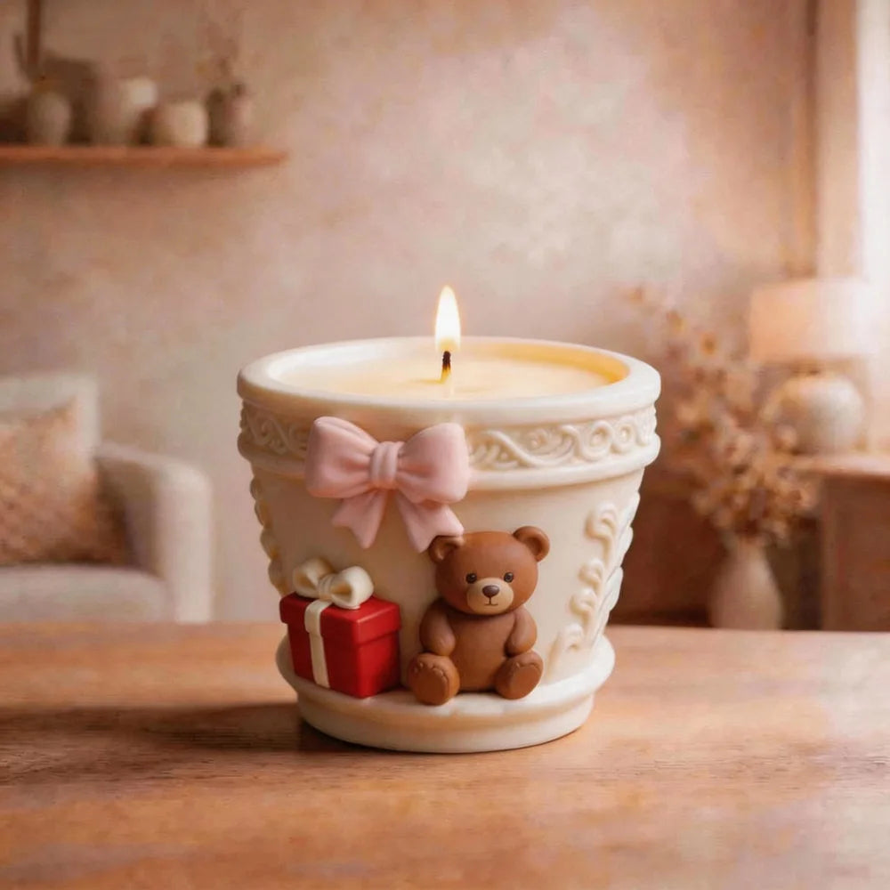Cartoon Bear Scented Candle Cup Silicone Mold Cute Bear Bow Plaster Succulent Flower Pot Mold Oasis Select