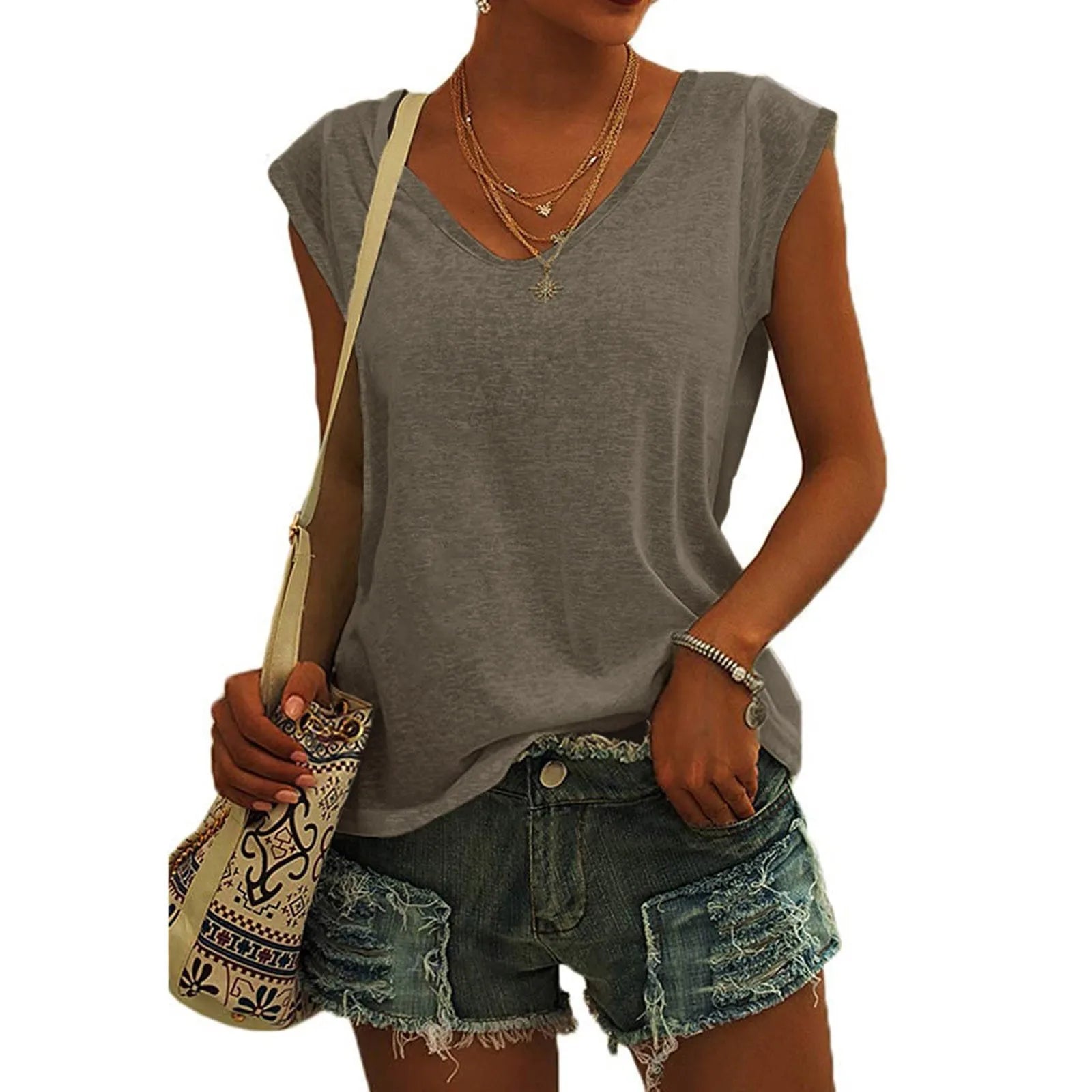 Summer Camisole Women'S V-Neck Vest Colored Cotton Solid Color T-Shirt Casual Sleeveless Vest Loose Top Fitted Vest Women'S Clot Oasis Select Brown L