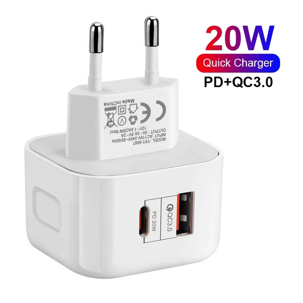 2 Ports QC3.0 Type C Charger PD 20W Quick Charger USB-C Fast Charging Travel Wall Charger Power Adapter For iPhone 12Pro Max Oasis Select