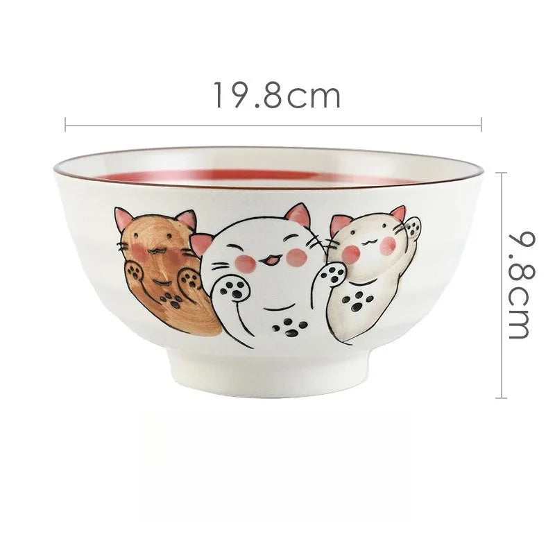 Japanese-style Cartoon Cat Fish Printed Rice Bowls Hand Drawn Animal Pattern Tableware Food Container For Home Daily Dining Oasis Select