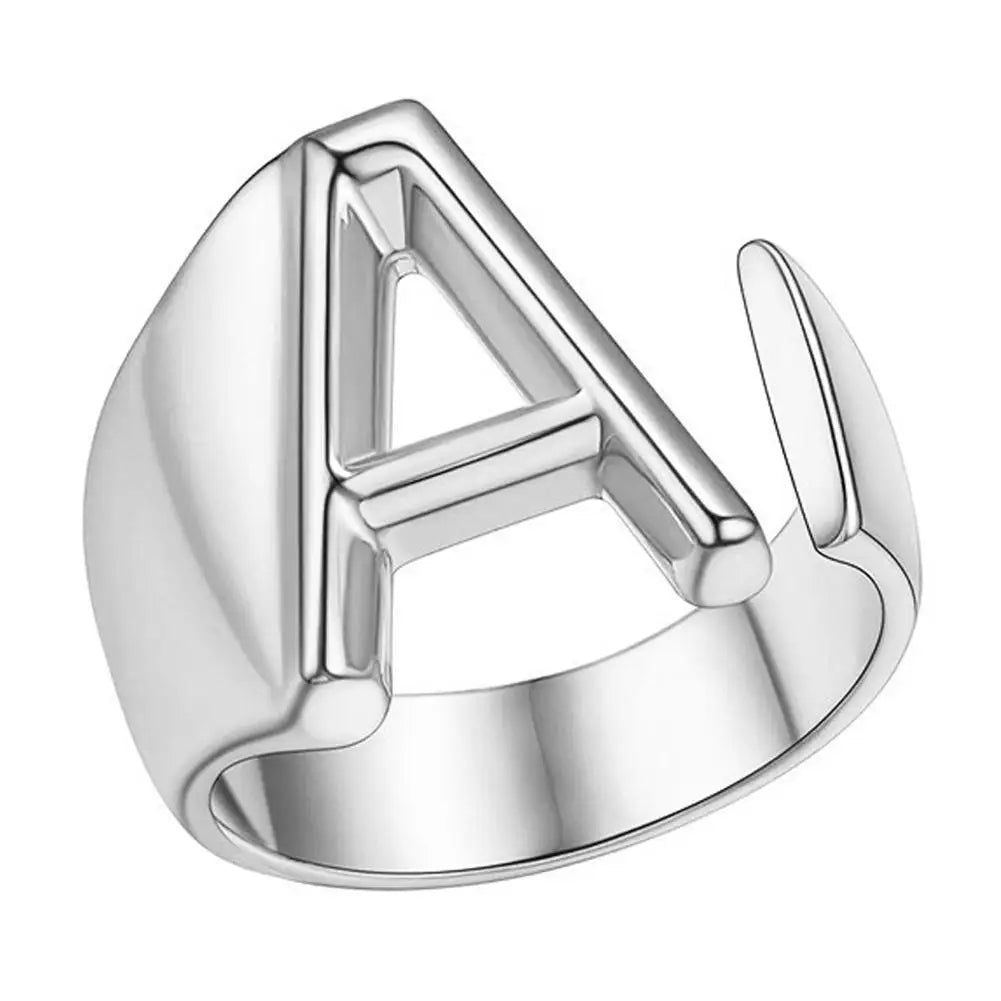 A-Z Initial Letter Ring – Adjustable Silver Open Ring for Women