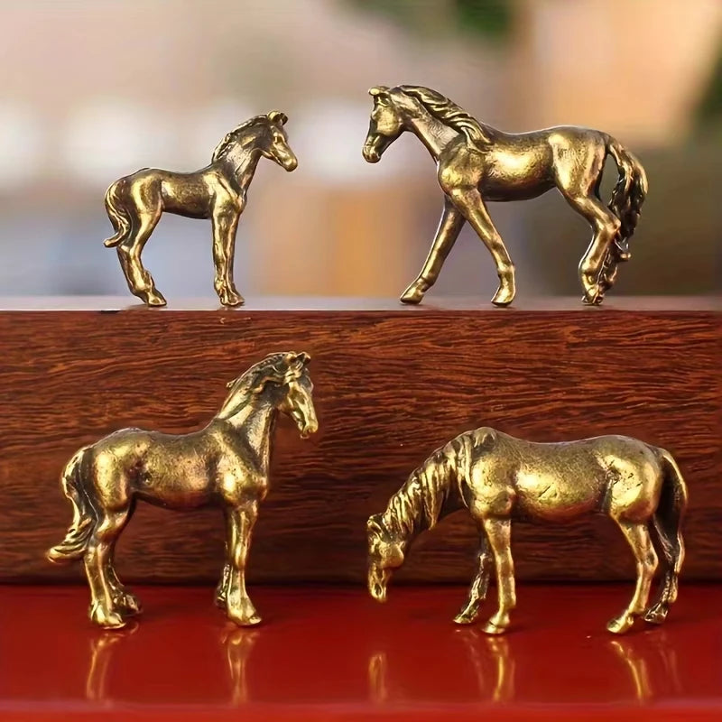 Miniature Antique Brass Long Tail Horse Figurines Feng Shui Ornament Copper Zodiac Animal Mini Desktop Crafts Home Decor gifts Oasis Select 4PCS