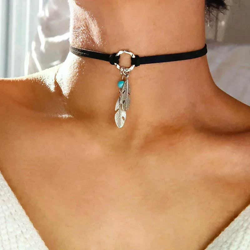 Velvet Choker Black Leather Choker Necklace Antique Color Feather Shape Charm Multilayer Chain Necklace Oasis Select