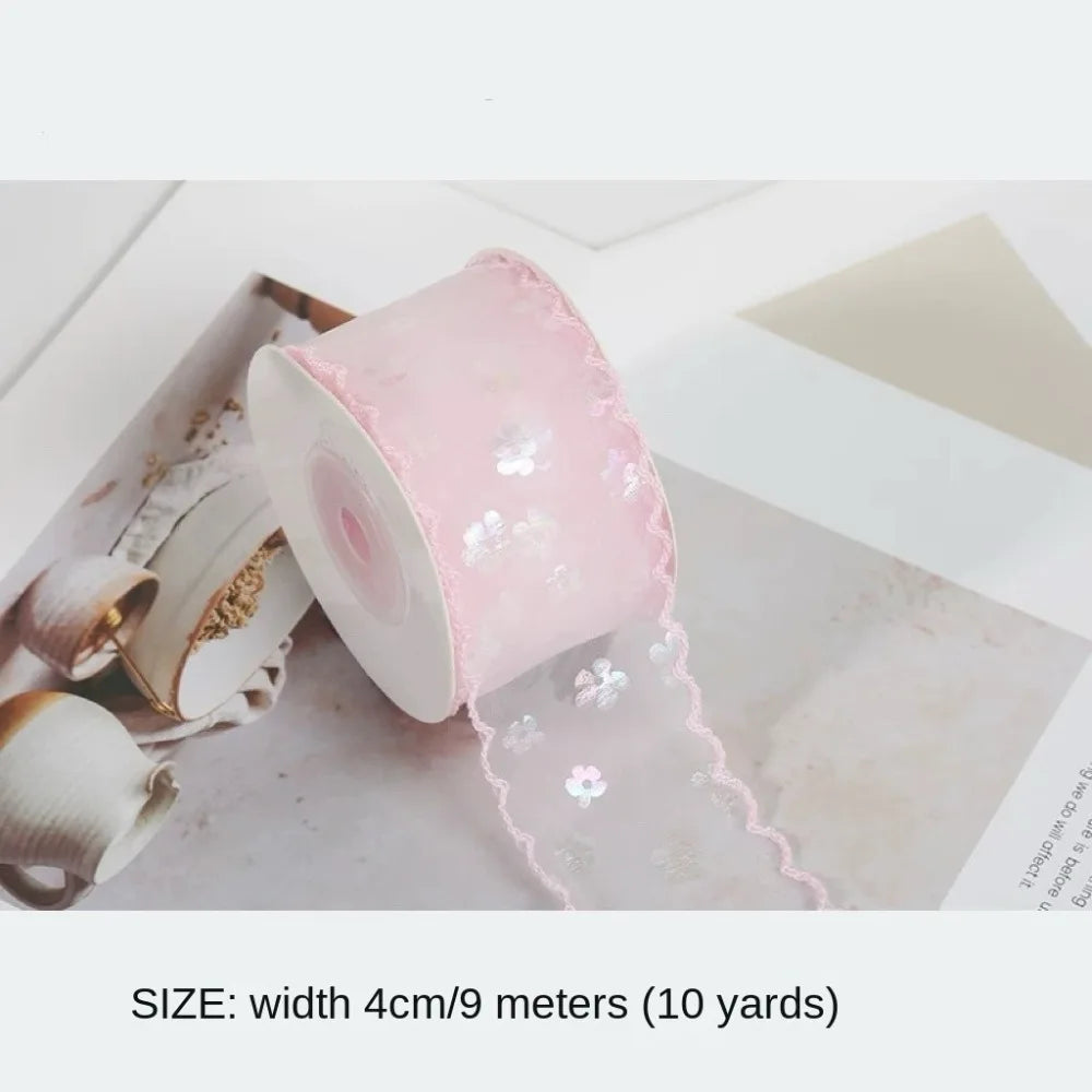 New 10 Yards Silk Ribbon Gift Wrapping Bouquets 4cm Gifts Packaging Material Wave Edge Pleated Chiffon Ribbon Oasis Select Pink L