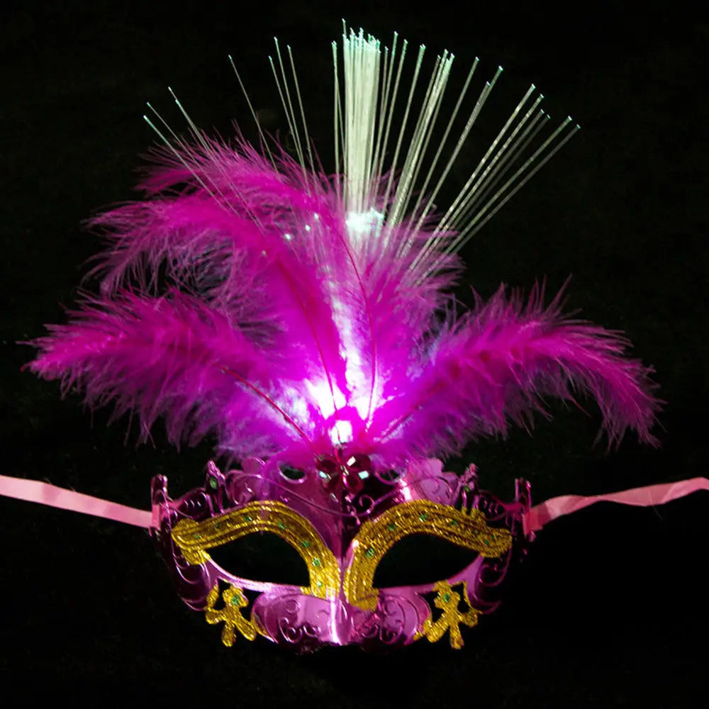 Women LED Party Mask Masquerade Luxury Peacock Feathers Half Face Mask Cosplay Costume Venetian Mask Oasis Select Rose Red1