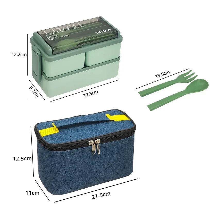 Double Layer Lunch Box with Storage Bag Leakproof Student Microwave Dinnerware Set with Fork Spoon Food Snack Storage Container Oasis Select Green with bag