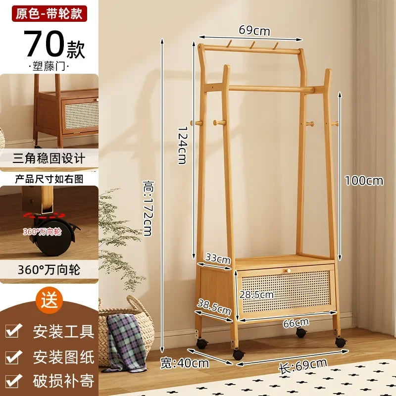 Multi-functional Bedroom coat hanger, floor-standing household mobile wheeled coat rack, retro indoor multi-functional coat rack Oasis Select Primary color70