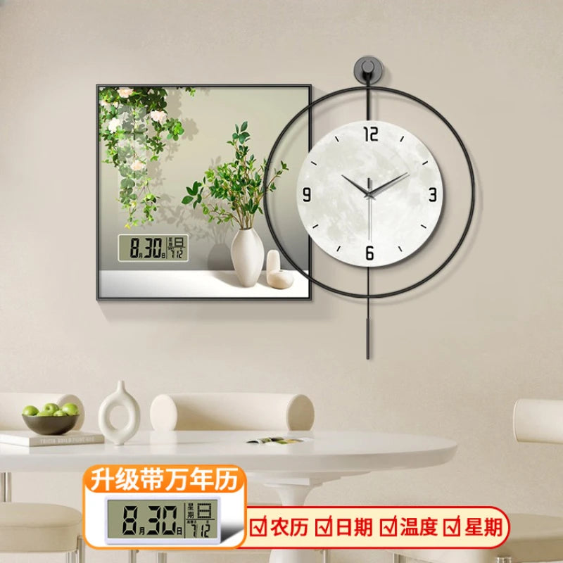 Simple Green Plant Perpetual Calendar Electronic Clock Guest Restaurant Decorative Painting Iron Combination Wall Clock Oasis Select