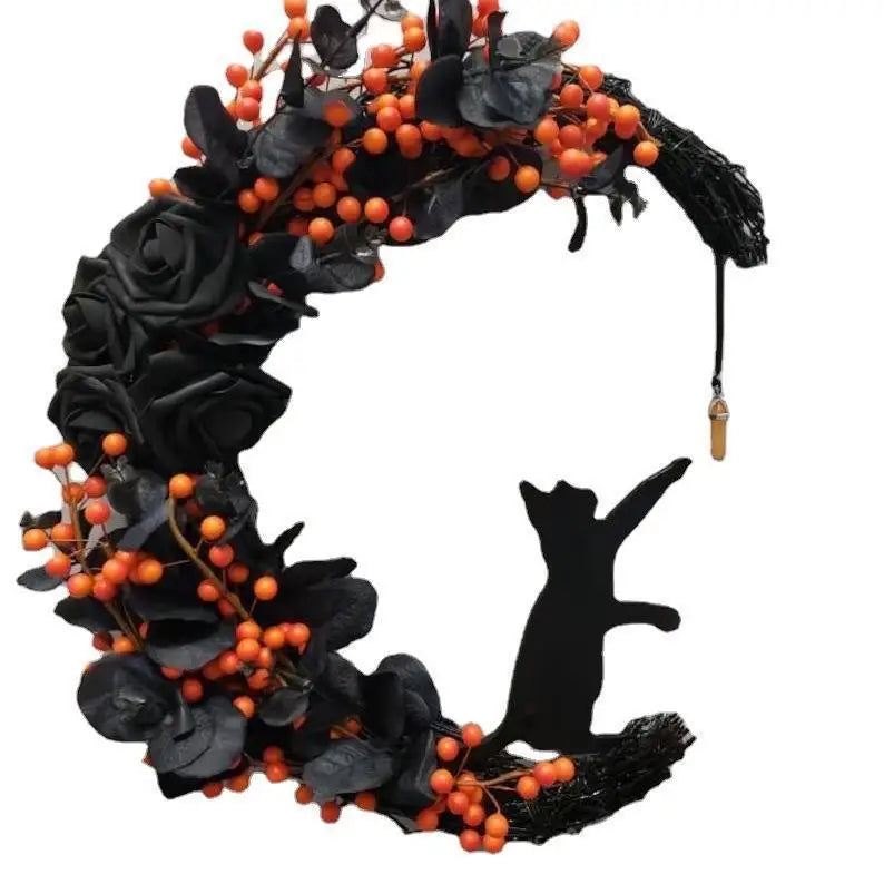 Halloween Gothic Rose Moon Cat Wreath Halloween Door Decoration Crystal Moon Wreath Oasis Select