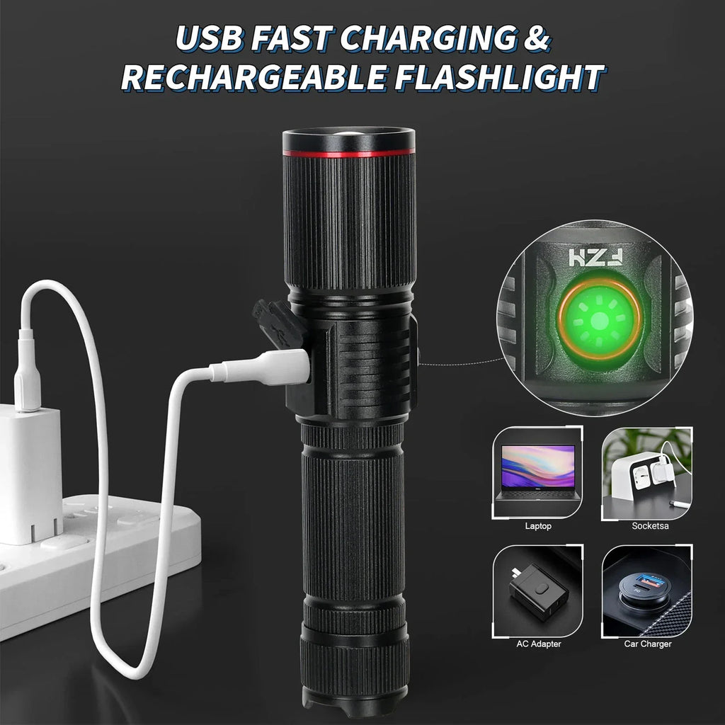 Ultra Bright LED Aluminum Alloy Flashlight USB Rechargeable Telescopic Zoom Torch Outdoor Stepless Dimming Camping Flashlights Oasis Select