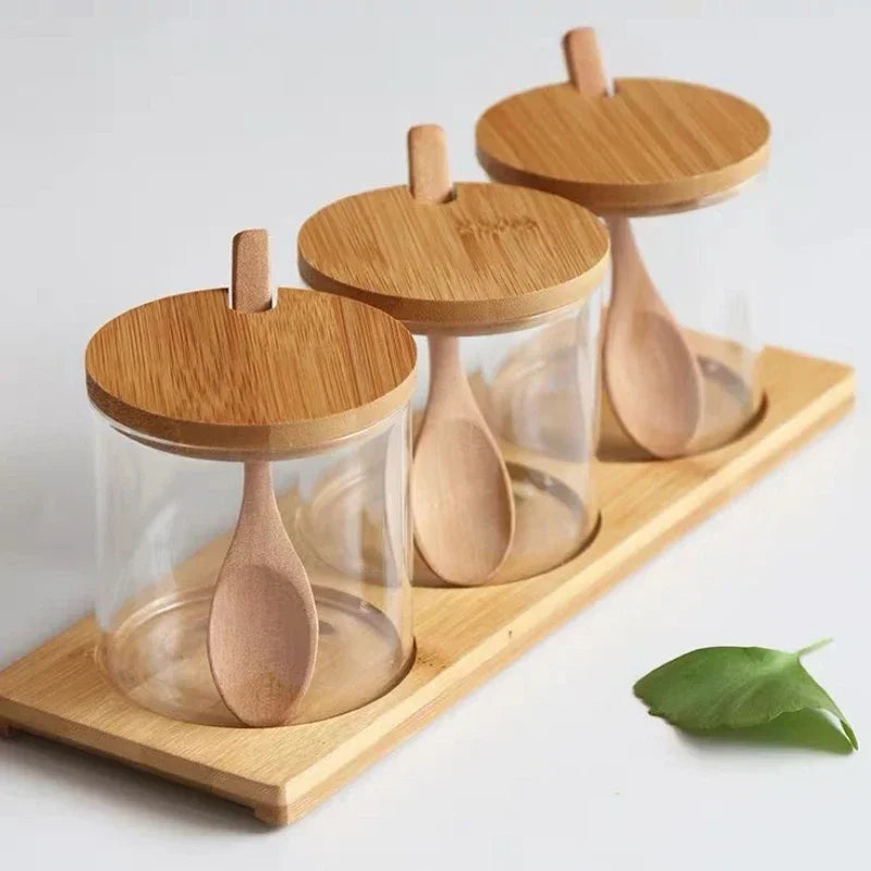 Kitchen Glass Condiment Jars Set Clear Spice Salt Container with Tray Coffee Beans Organizer Bottle Dust-Proof Seasoning Bottle Oasis Select Square tray set