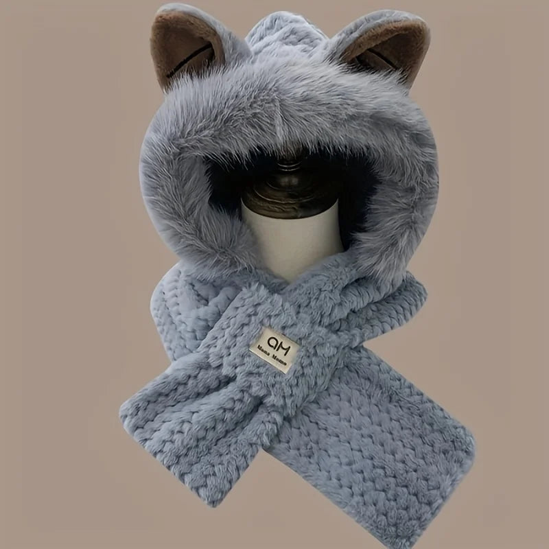 1pc Kawaii Cat Ears Beanie with Pom-Pom, Women's Winter Hat Furry Collar for Christmas Gift, Cute,Fashionable and Warm Oasis Select