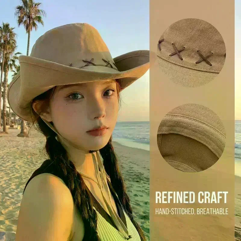 Wide Brim Retro Western Cowboy Hat Unisex Sun Protection Outdoor Hiking Camping Fishing Hat with Adjustable Chin Strap Oasis Select