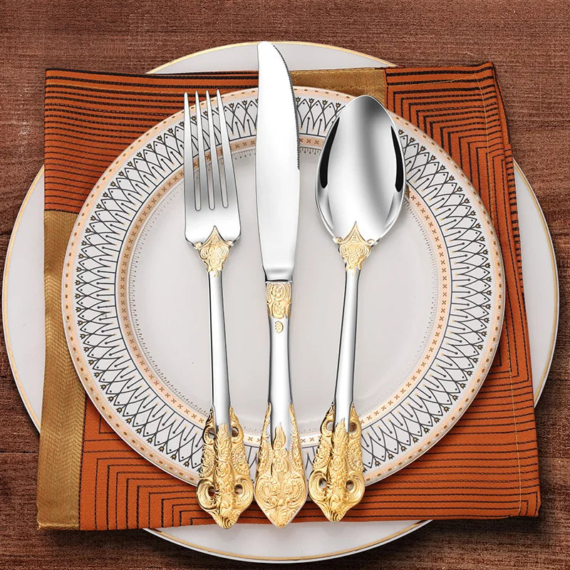 Stainless Steel Dinnerware Sets High-grade Knife Fork And Spoons Cutlery Kits Gold Plated Floral Pattern Tableware Dropship Oasis Select