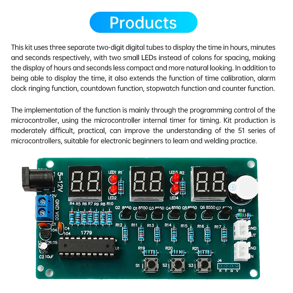 DC 5-12V 6-Digit Red Display Digital Clock Module Electronic Kit 51 Microcontroller Welding Practice DIY Electronic Kit Oasis Select