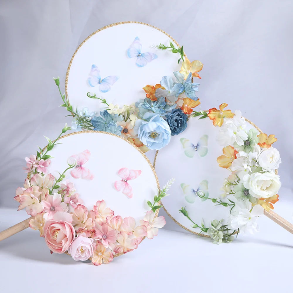 Exquisite Flower Butterfly Round Fan Women Dance Performance Props Wedding Craft Home Decoration Oasis Select