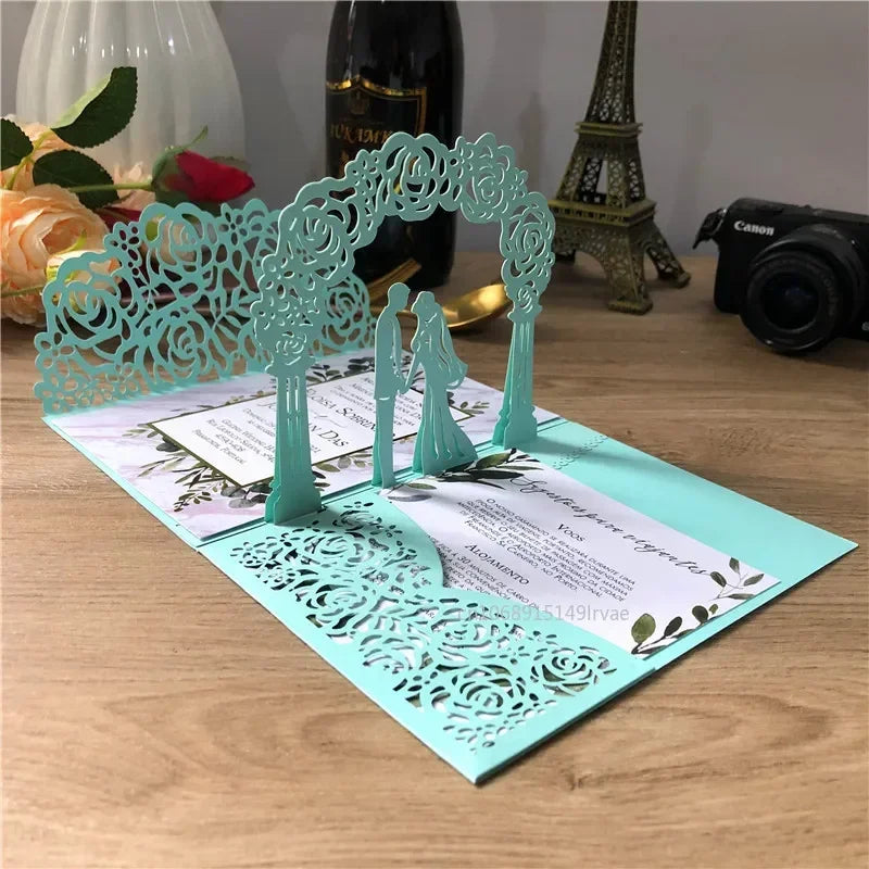 3D Bride and Groom Rose Gold Pop Up Wedding Invitations Laser Cut Greeting Cards Envelope Bridal Shower Invitation Cards Oasis Select