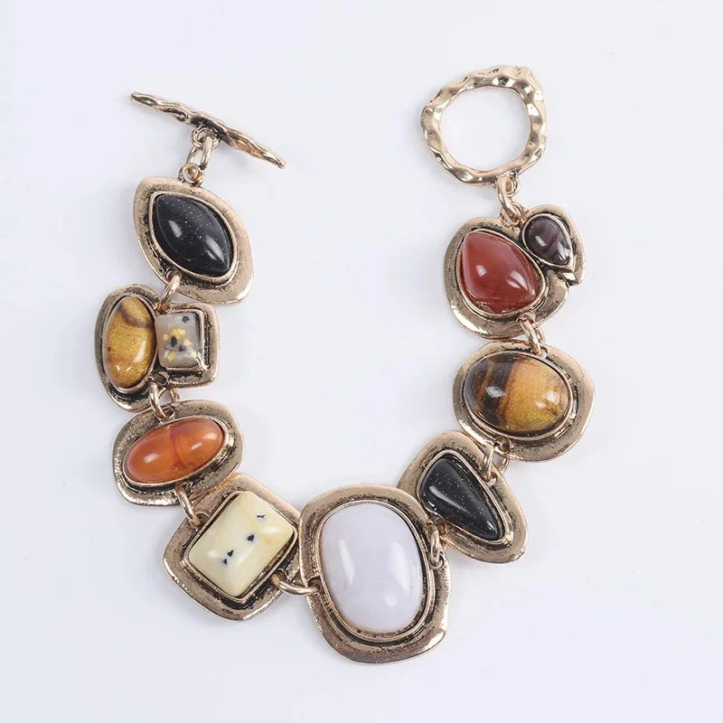 Bohemian Multicolor Resin Stone Charm Bracelet Irregular Stone Bracelet Unique Design Women's Lucky Jewelry （Random Resin Color） Oasis Select