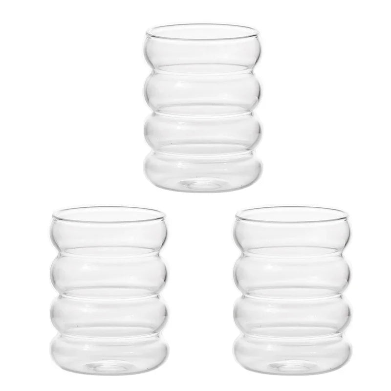 2/3PCS Beverage Glasses Wave Shape Vintage Glass Cups Ripple Threaded Cold Drink Coffee Cup for Milk Juice Champagne Cocktail Oasis Select Caterpillar-3Pcs 300ml