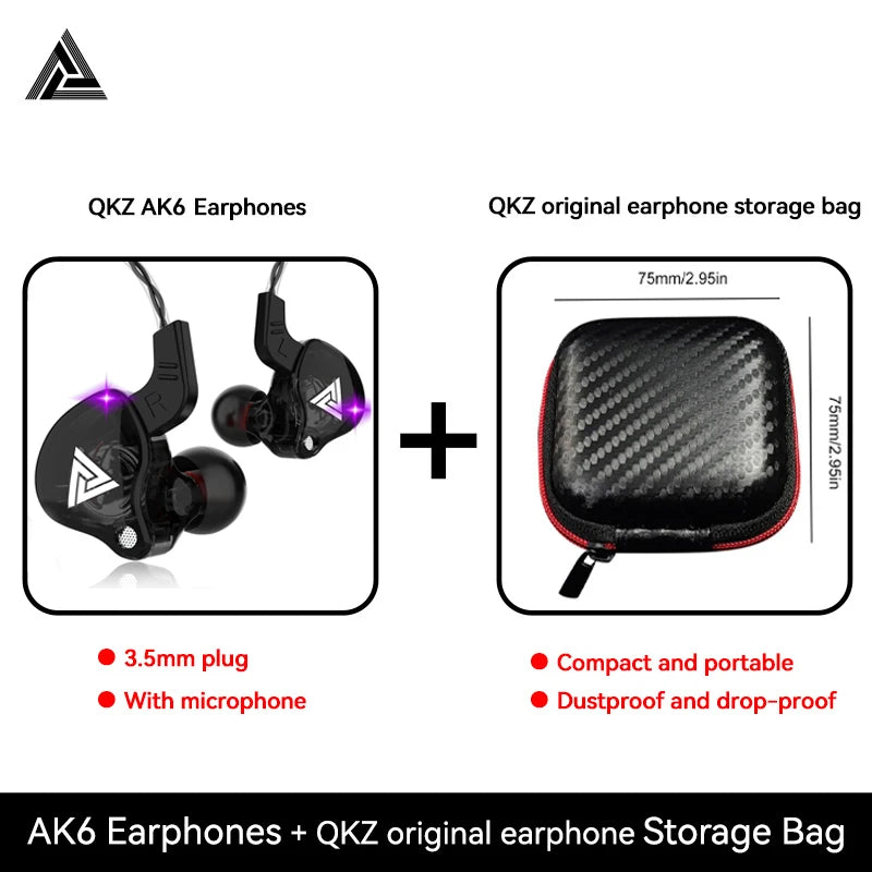 Original QKZ AK6 Copper Driver HiFi Wired Earphone 3.5MM Race Sport Headphone Bass Stereo Headset Music Earbuds In Ear With Mic Oasis Select Black With Bag