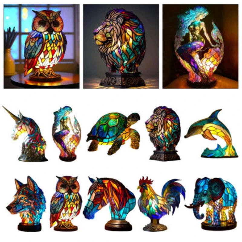 Resin Stained Glass Animal Table Light Night Light Owl Horse Rooster Elephant Table Lamp for Living Room Home Bedroom Decoration Oasis Select