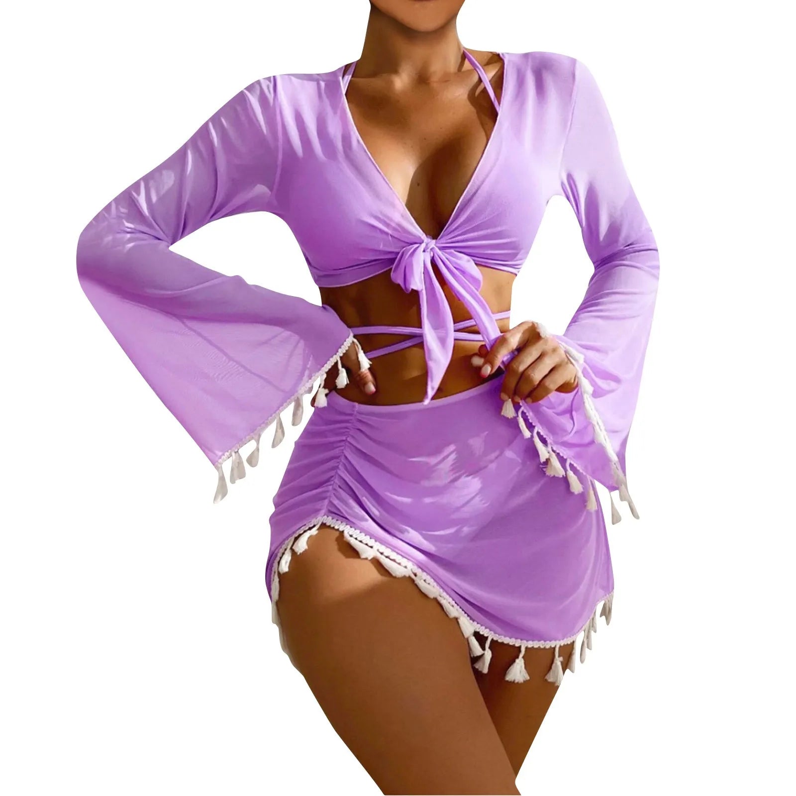 Solid Color Sexy Fashion Slim Fitting Beach Swimwear For Lady Split Lightweight Strap High Waist Pleated Cover-up Four-Piece Set Oasis Select