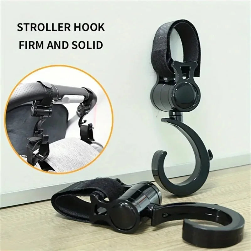 2pcs Rotatable Stroller Hook Adjustable Binding Belt Hanging Holder Multi Purpose Storage Hook For Baby Carriage Outdoor Walk Oasis Select