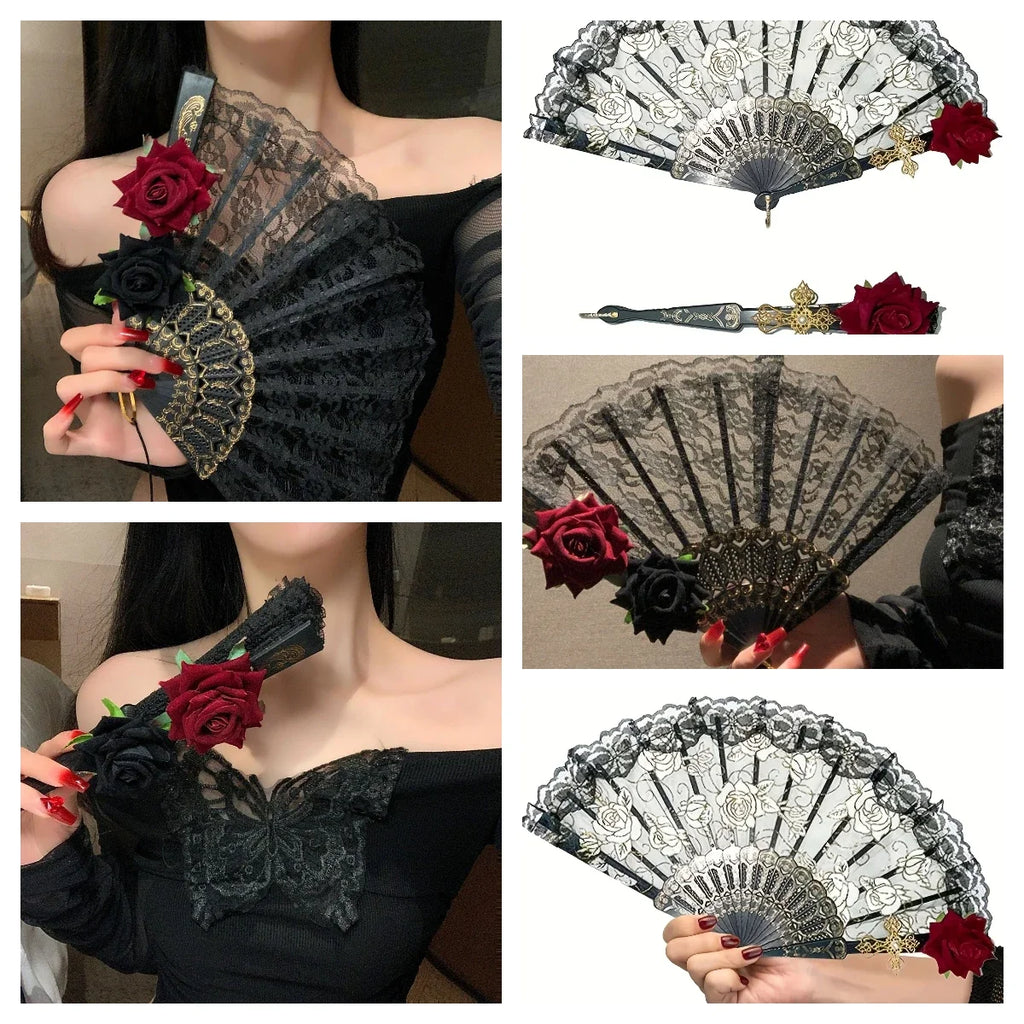 Dance Fan Ornament Ladies Lace Hand Fan Black White Cloth Folding Fans Spanish Hand for Wedding Party Favor Accessories Oasis Select