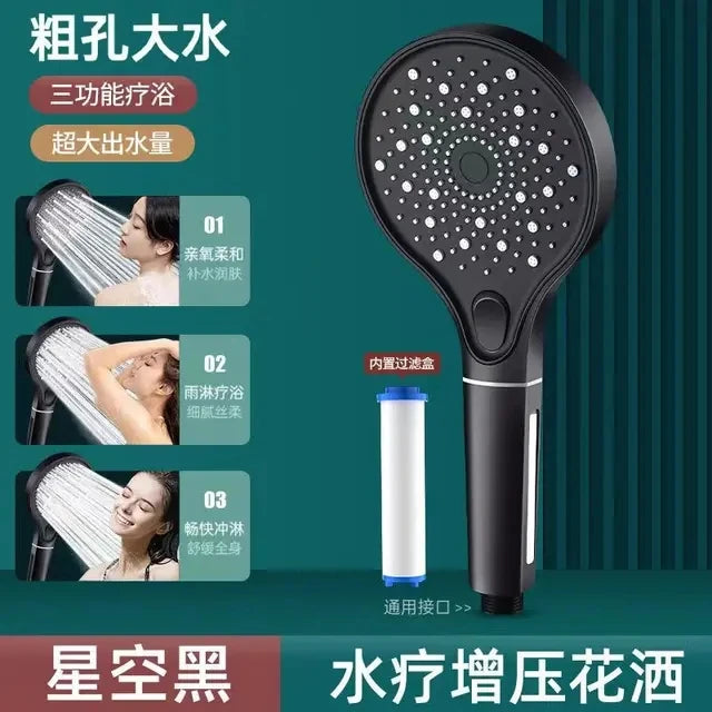 New 6 Modes Shower Head High Pressure Shower One-Key Stop Water Massage Shower Head With Filter Element Bathroom Set Accessories Oasis Select 3 Modes Black