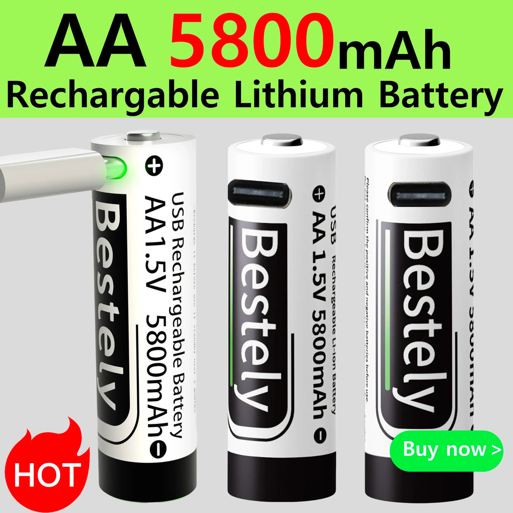 Bestely USB 1.5V AA 5800mAh Lithium ion Rechargeable Battery, AA Fast Charging Li-ion Akku , 2000 Cycle with USB- C Port Cables Oasis Select