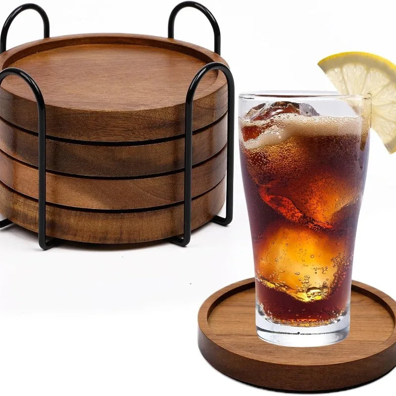 4Pcs/1set Japanese Style Bamboo Wood - Heat-Resistant Coasters - with 1 Iron Stand - Solid Wood Round Tea Cup Coasters Oasis Select