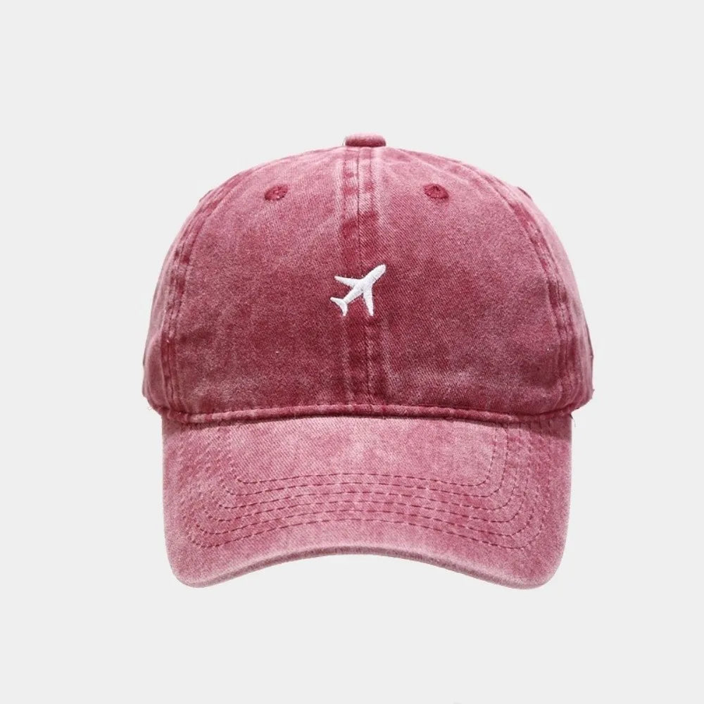 Washed Cotton Airplane Embroidered Baseball Cap Hip Hop Adjustable Peaked Cap Distressed Sunscreen Plane Dad Hat Oasis Select Wine Red