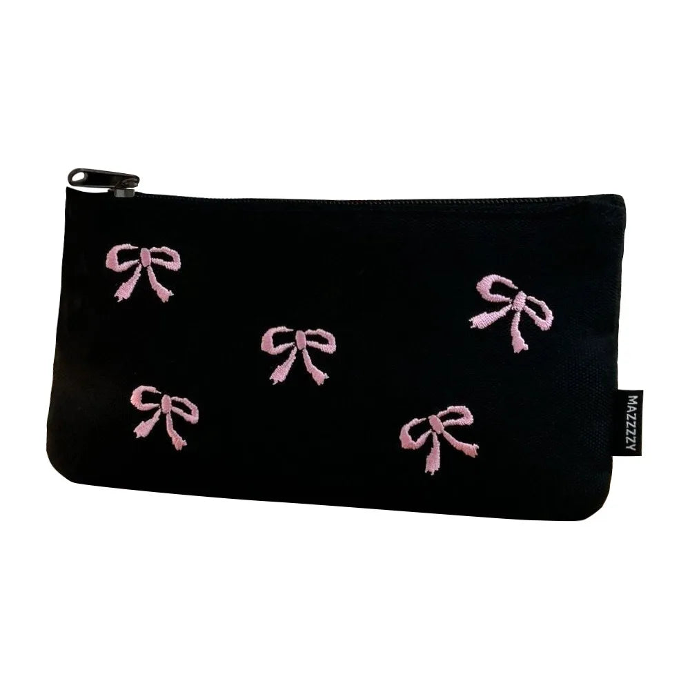 Funny Canvas Cute Embroidered Bag Bowknot Square Shape Stationery Bag Lovely Print Storage Bag Oasis Select black
