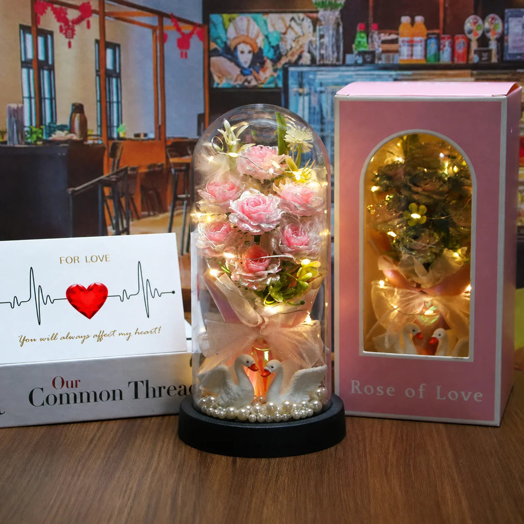 Glass Dome Ornament Handmade Decorative Flower Wreath Preserved Rose Bouquet Dust-Free Led Glowing Night Light For Valentine'S Oasis Select Pink