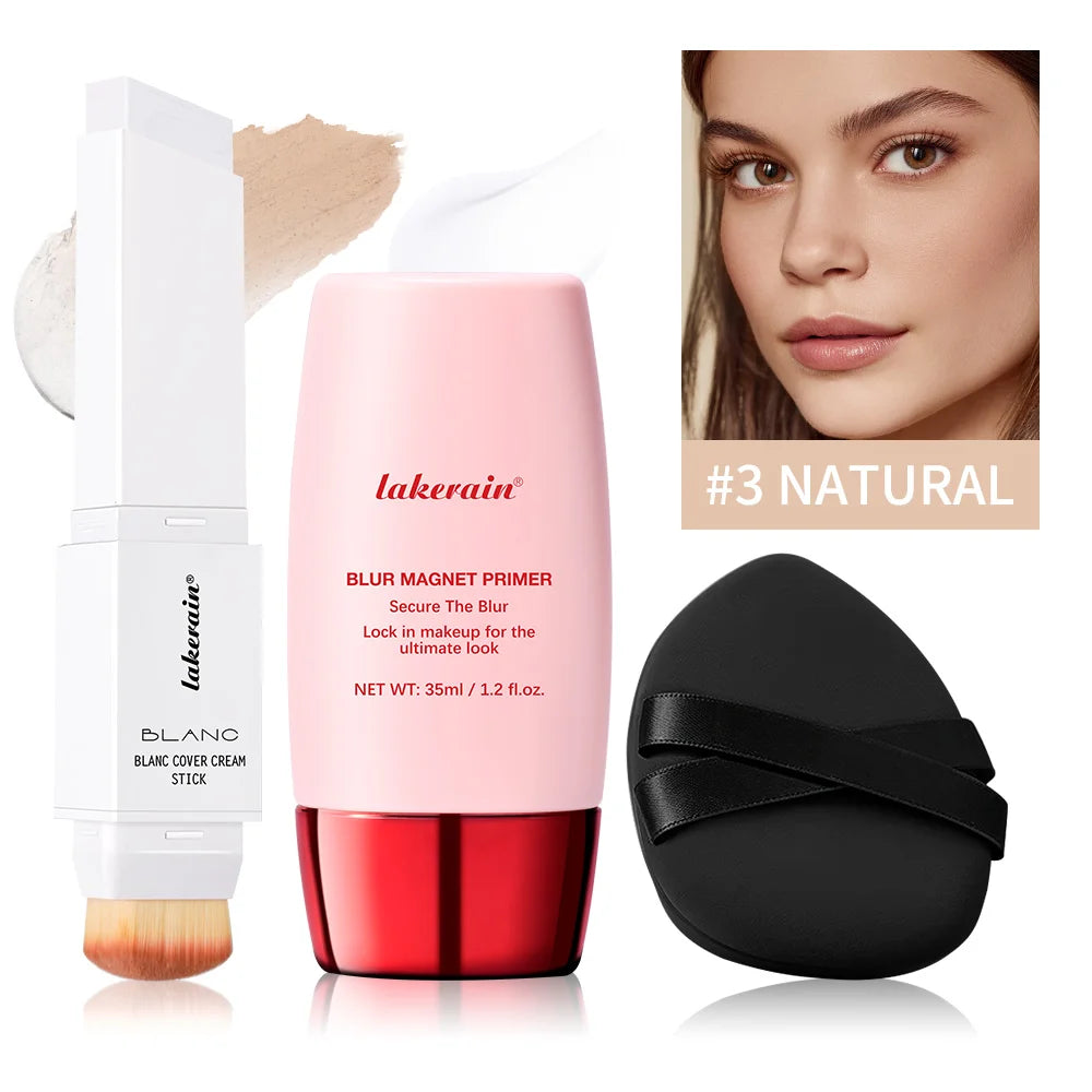 Blur Magnet Primer & Color-changing Foundation Stick Blurring Pores Matte Finish High Coverage Concealer Korean Makeup Combo Oasis Select SET 3