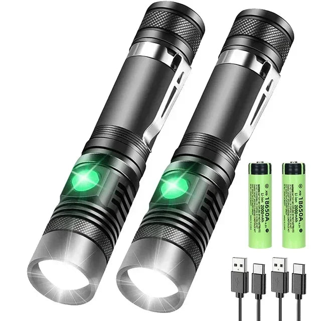 High Power Led Flashlights Zoomable Camping Torch with T6 LED Lamp Beads Waterproof 4 Lighting Modes MultiFunction USB Charger Oasis Select 2Pcs With battery