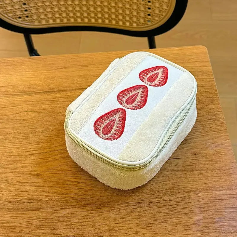 Strawberry Embroidered Cosmetic Bag Portable Travel Organizer For Makeup Skincare Essentials And Daily Toiletries Storage Oasis Select