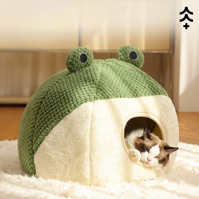 All-season Universal Cat House Little Frog Series Semi-enclosed Dog House Warm Plush House-style Dog Bed Oasis Select