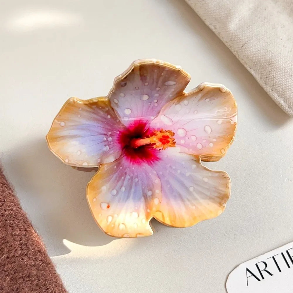 Double-sided Printing Hibiscus Flower Hair Claw Exquisite Design Lifelike Flowers Acrylic Claw Clip Romantic Style Oasis Select 6