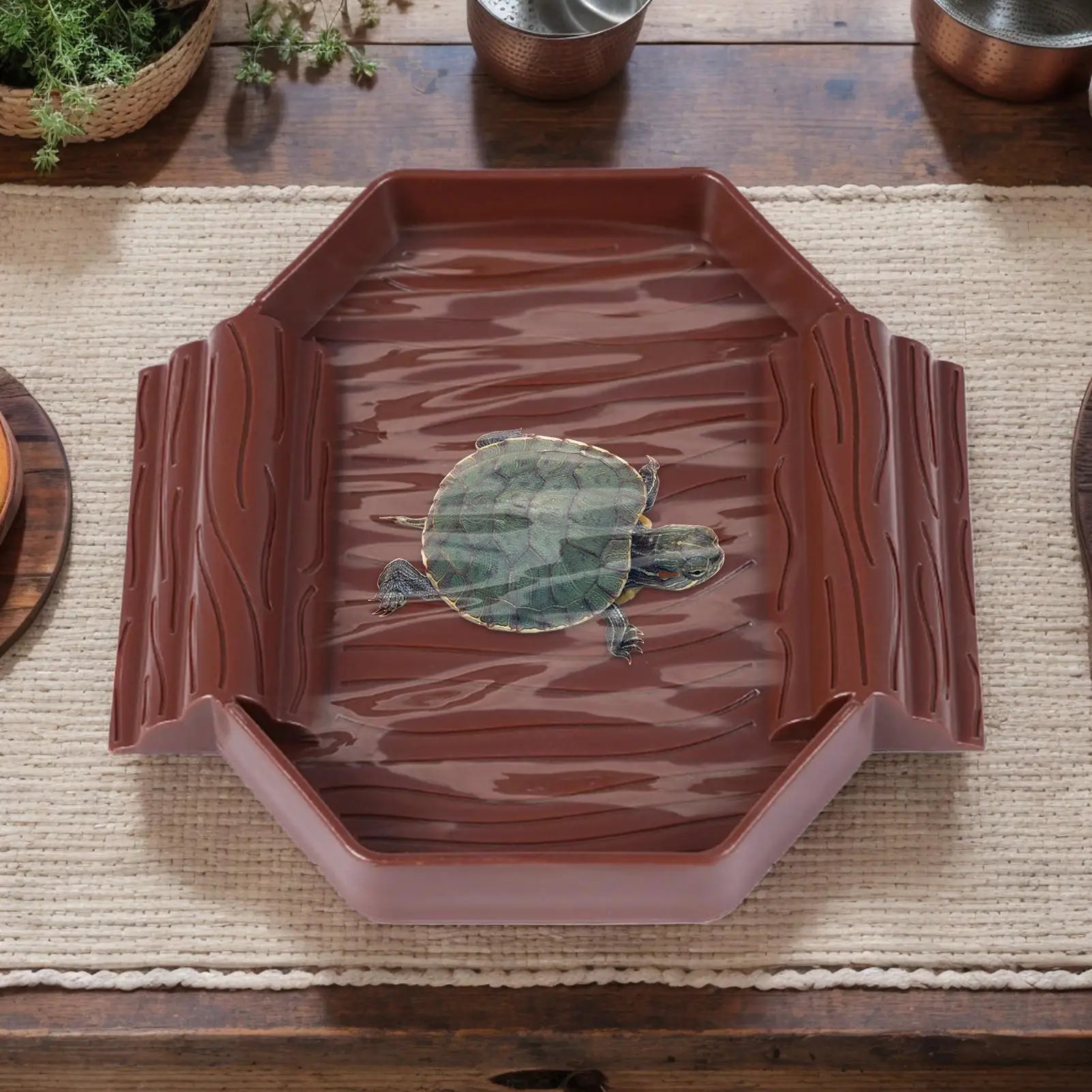 Tortoise Water Dish Anti-Slip Reptile Pool Dish Decorative Turtle Bath Tub with Ramp for Tortoise Snake Gecko Tank Accessory Oasis Select