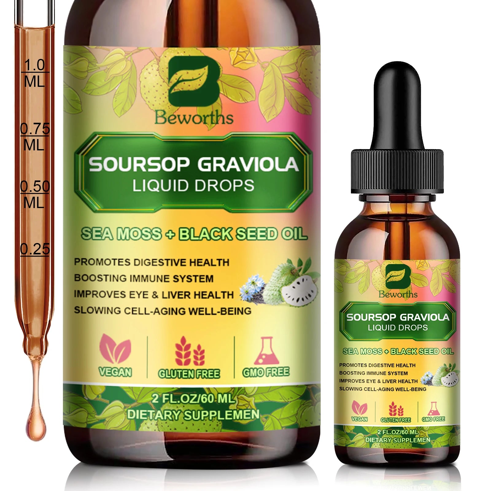 BEWORTHS 60ML Soursop Graviola Extract Drops Black Seed Oil Support Immunity and Kidney Health,Detox,Antioxidation Gluten-Free Oasis Select