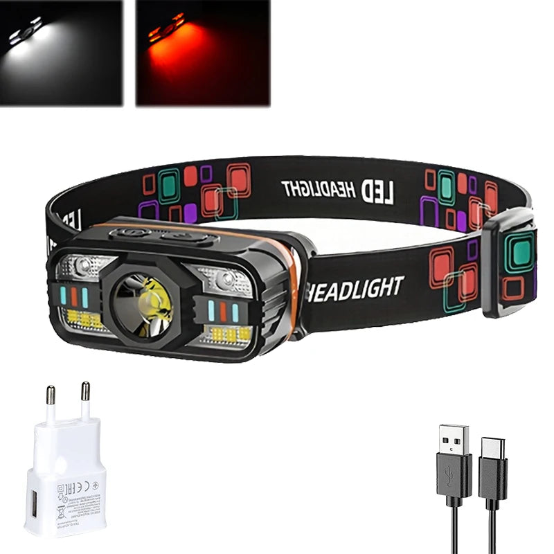 6 Modes LED Headlight Handfress Motion Sensor Powerful Headlamp Head Lamp COB Flashlight Torch Head Light For Camping, Fishing Oasis Select 1PC with EU Plug