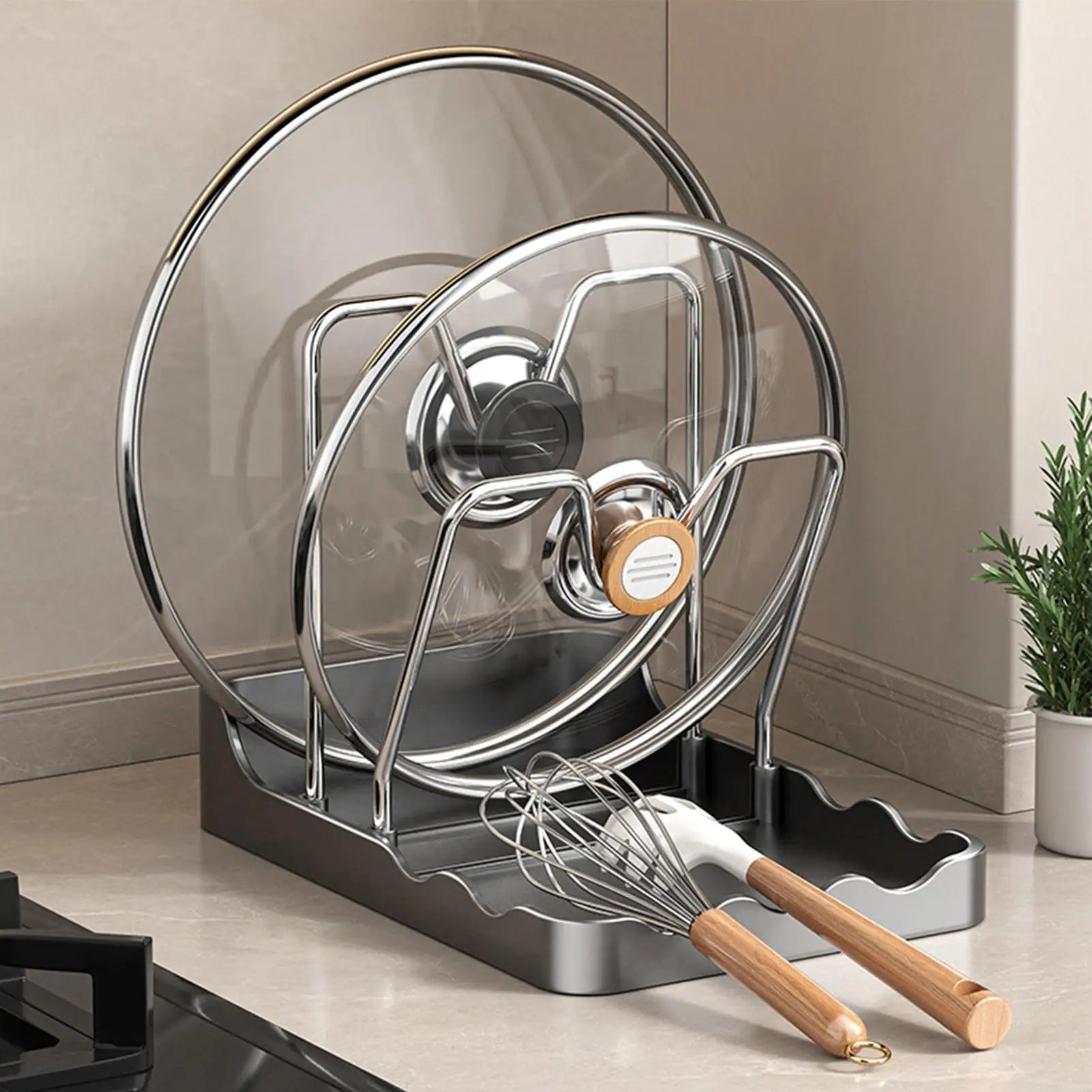 Pan Lid Organizer Double Layer Pot Lid Rack Non-slip Draining Pot Lid Organizer Large Capacity Kitchen Storage Rack with Tray Oasis Select