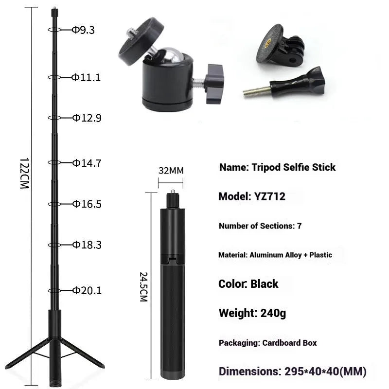 120cm Invisible Selfie Stick Tripod for GoPro, DJI & Insta360